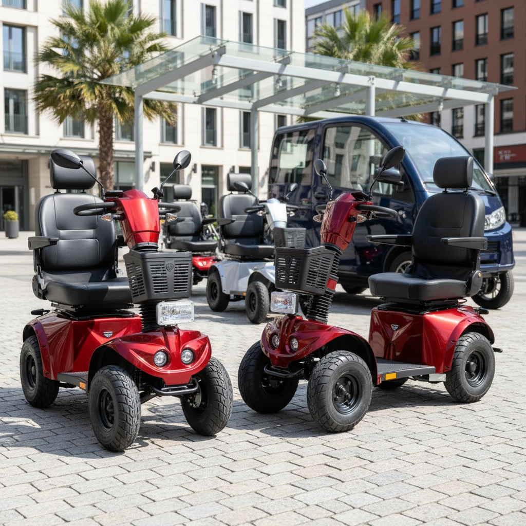 Gelukkige persoon rijdt op een For Motion scootmobiel in een park, symbool van vrijheid en mobiliteit.