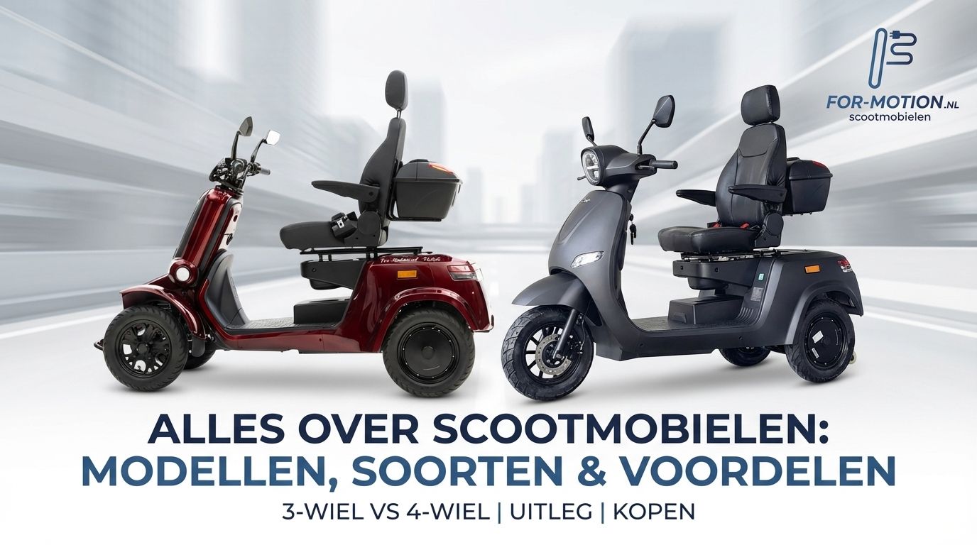 Een infographic die de verschillen tussen een 3-wiel en 4-wiel scootmobiel uitlegt, met focus op wendbaarheid en stabiliteit.