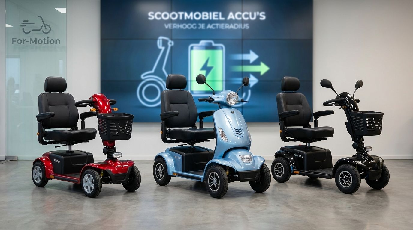 Een infographic die de verschillen tussen AGM, GEL en Lithium scootmobiel accu's laat zien op het gebied van levensduur, oplaadtijd en gewicht.