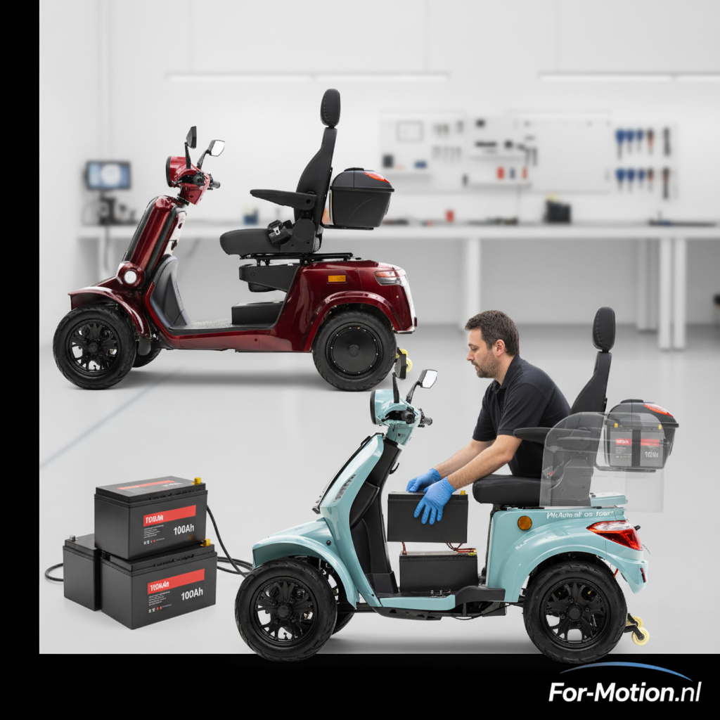 Vergelijking tussen een traditionele zware lood-accu en een moderne, lichte lithium scootmobiel accu.